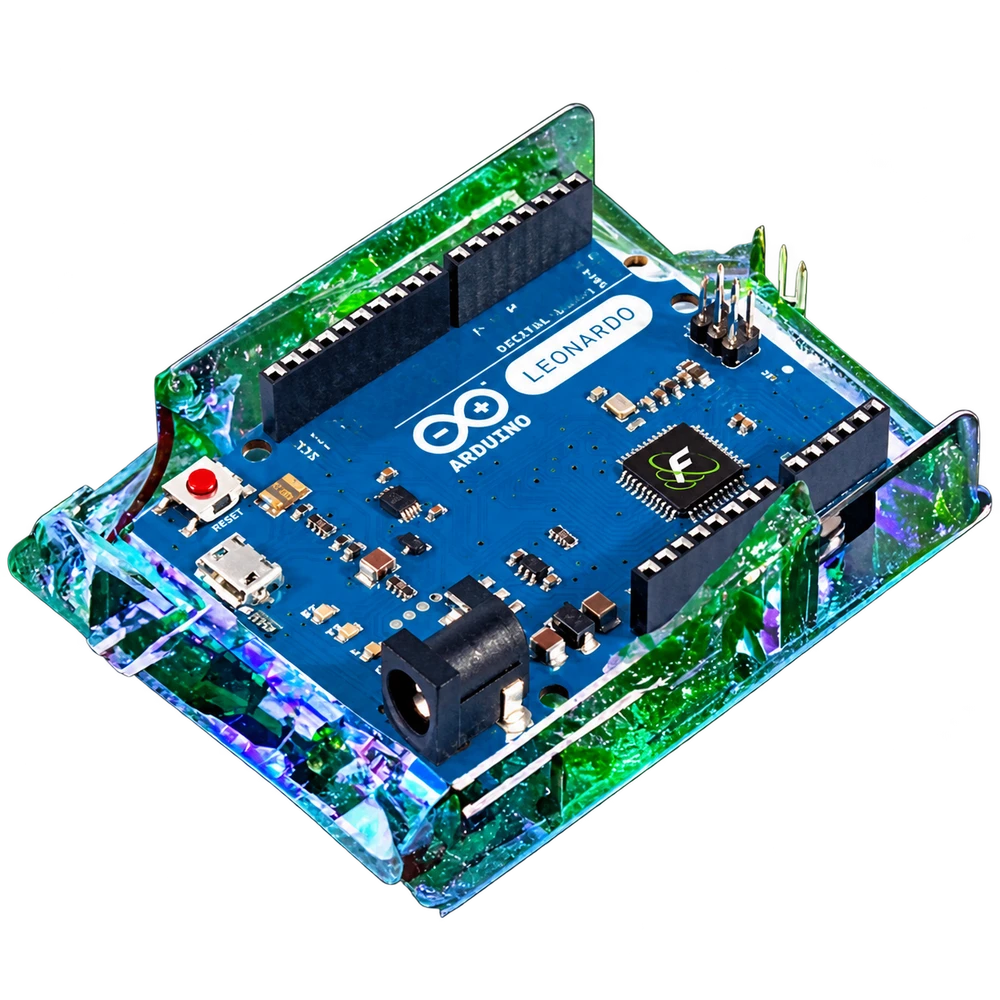 Arduino Leonardo in its transparent glass enclosure